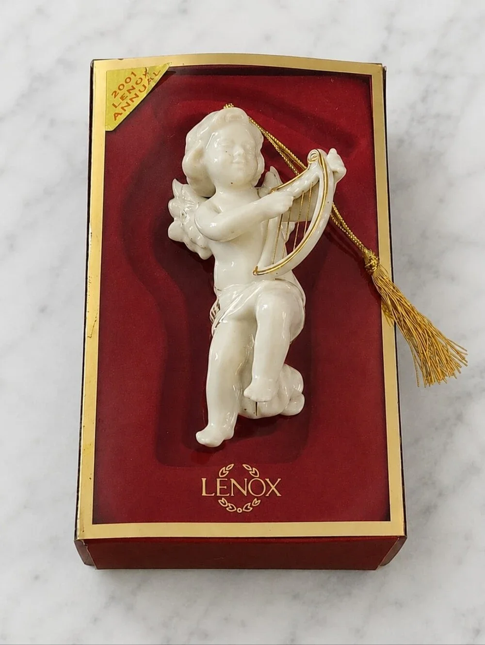 Lenox 2001 Annual Cherub Angel Harp Porcelain Christmas Ornament Boxed